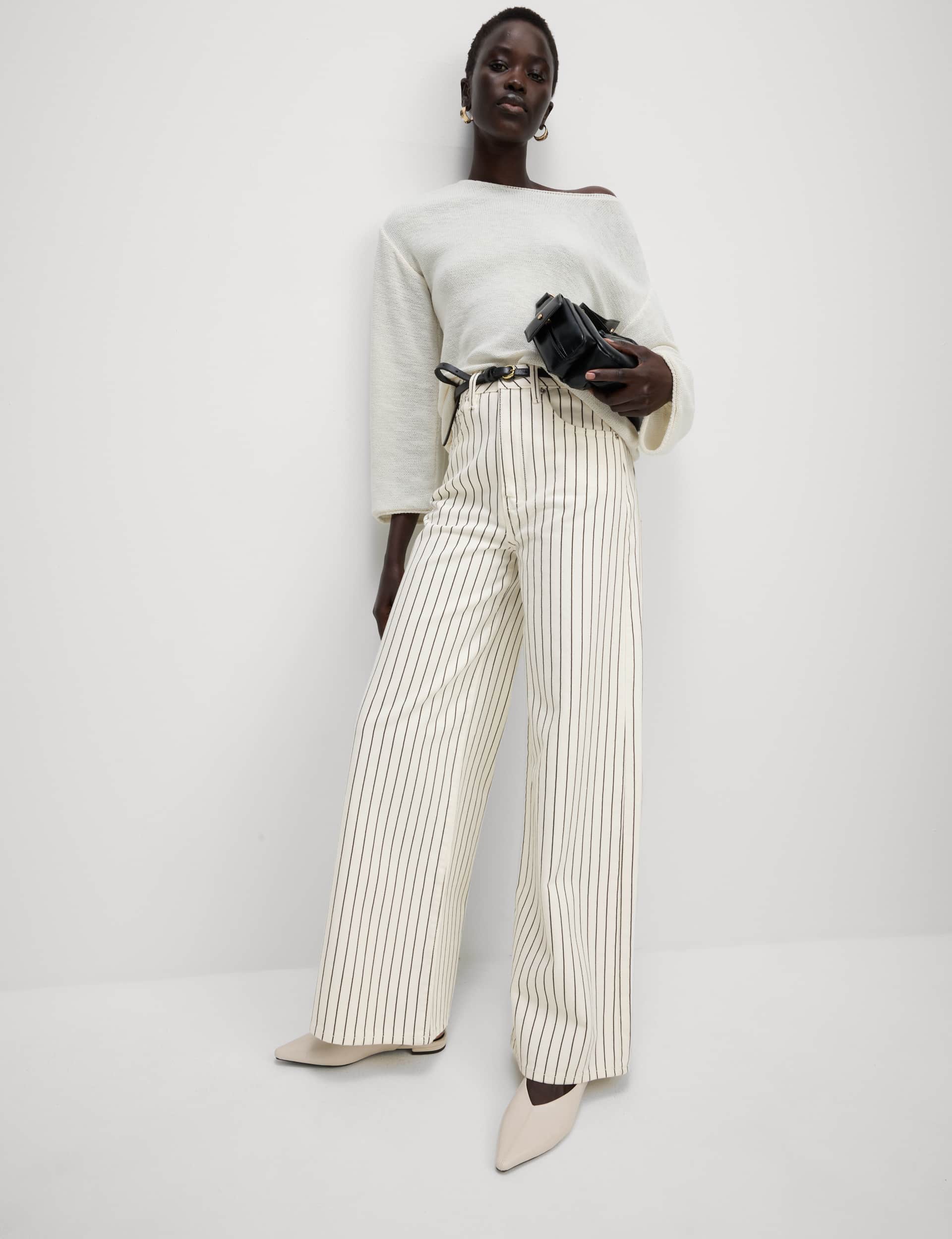 Pure Cotton Striped Wide Leg Trousers