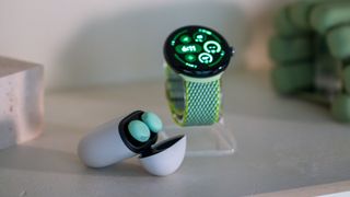 Pixel Watch 3 with green band Google Pixel Buds Pro 2 Wintergreen