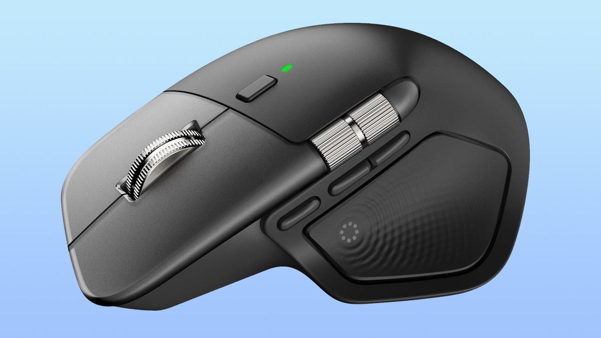 Presumed Logitech MX Master 4 close-up showing the mouse on a blue gradient background.