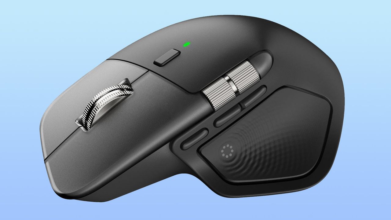 Presumed Logitech MX Master 4 close-up showing the mouse on a blue gradient background.