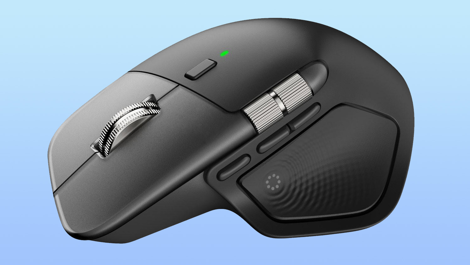 Presumed Logitech MX Master 4 close-up showing the mouse on a blue gradient background.