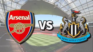 The Arsenal and Newcastle United club badges on top of a photo of Emirates Stadium in London, England