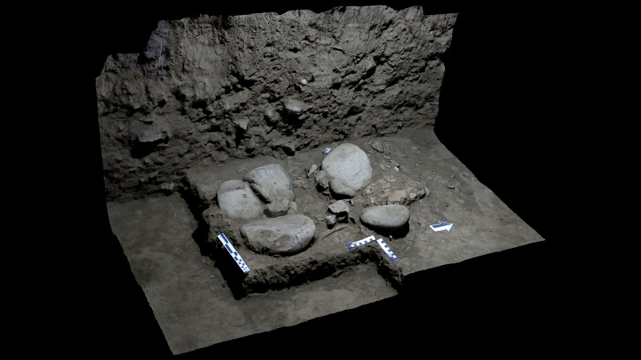 A digital 3D model of the ancient Toalean woman's burial discovered in Sulawesi.