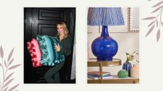 picture of amanda holding the striped cushions as well as a lifestyle shot of the range 