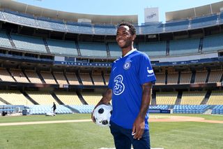 Raheem Sterling of Chelsea during a visit to Dodger Stadium on July 13, 2022 in Los Angeles, California.