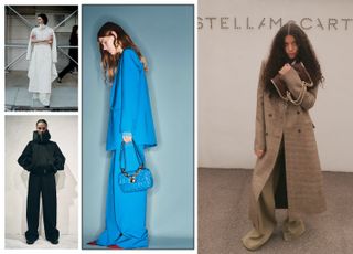 Puddle pants trend at Helmut Lang, Khaite, Valentino, and Stella McCartney