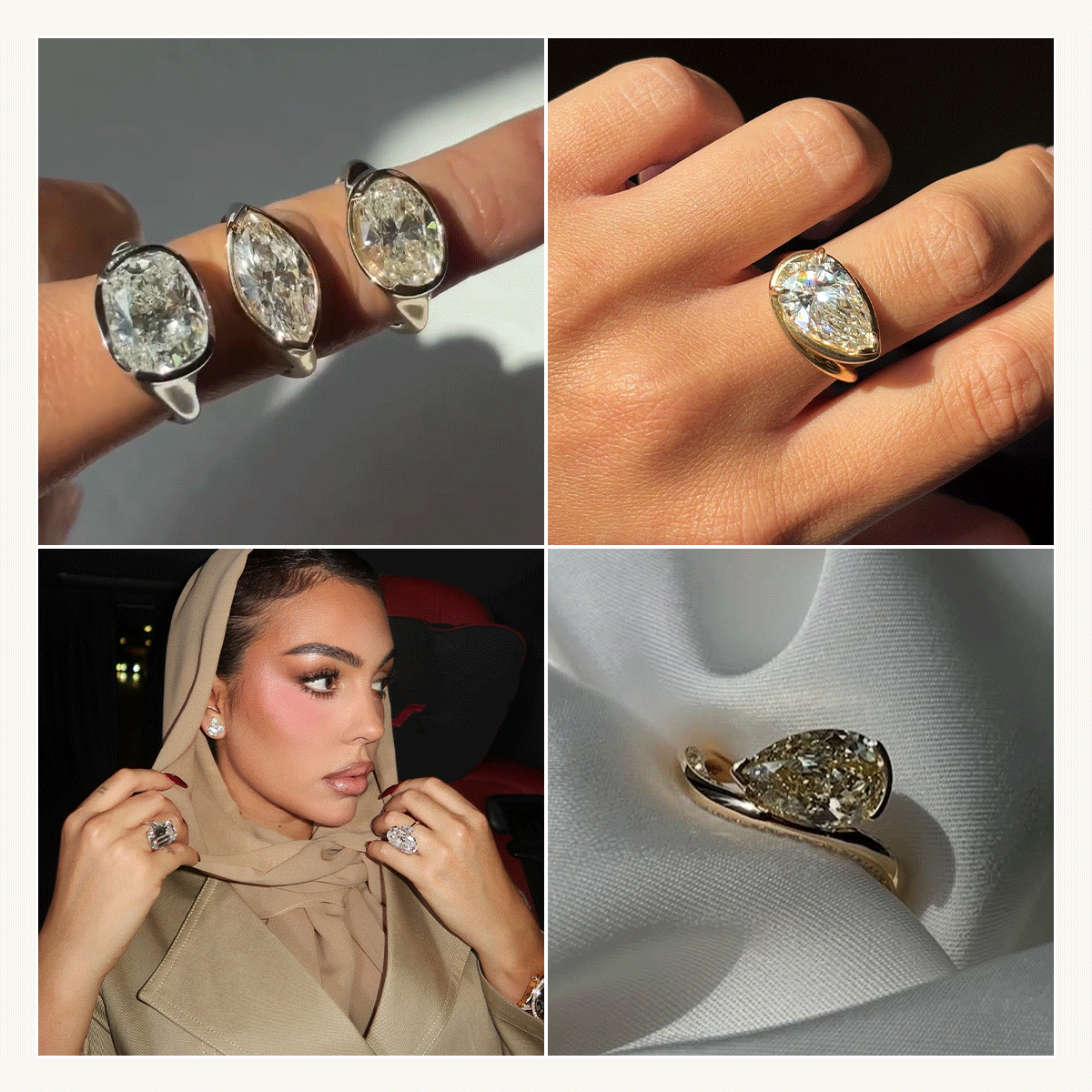 Collage of engagement ring trends for 2026.