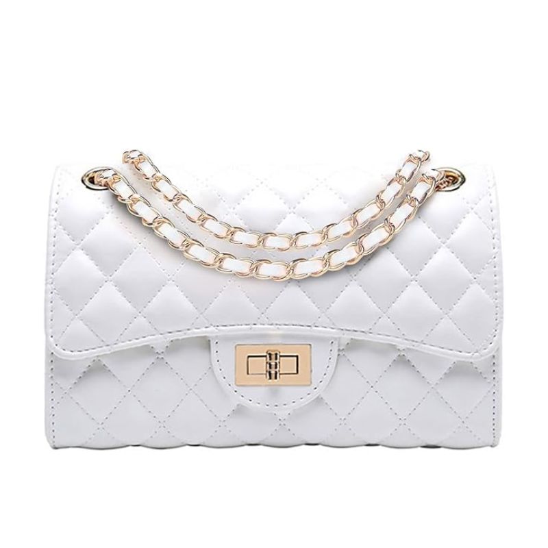 white quilted bag with chain strap