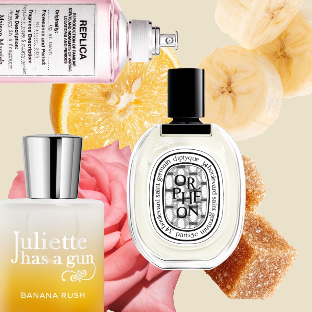 A collage featuring three of spring's new perfume launches from Maison Margiela, Juliette Has A Gun and Diptyque, all arranged over stock images of a rose, banana, orange slice and brown sugar cubes and on a light yellow background