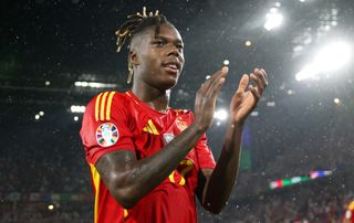 Nico Williams of Spain applauds the fans after the team's victory and progression to the quarter final in the UEFA EURO 2024 round of 16 match between Spain and Georgia at Cologne Stadium on June 30, 2024 in Cologne, Germany.