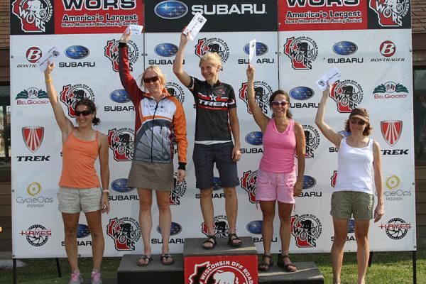 The elite women's podium. Abby Strigel (Trek Stores of Madison) was followed by Lisa Krayer (Adventure 212/Specialized), Lori Sable, Anna Ganju (Team Polska) and Renee Bach (MadFORCS).