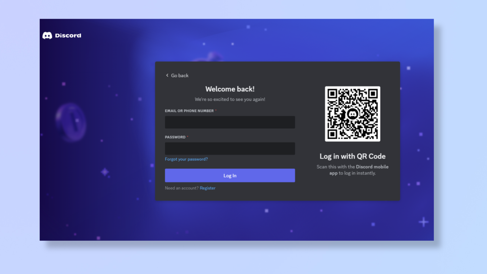 A screenshot of the Discord login page. 
