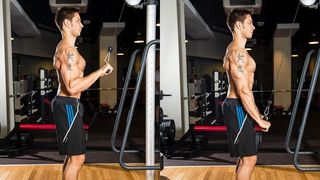 A man performing a cable triceps press-down as part of a workout plan for muscle gain