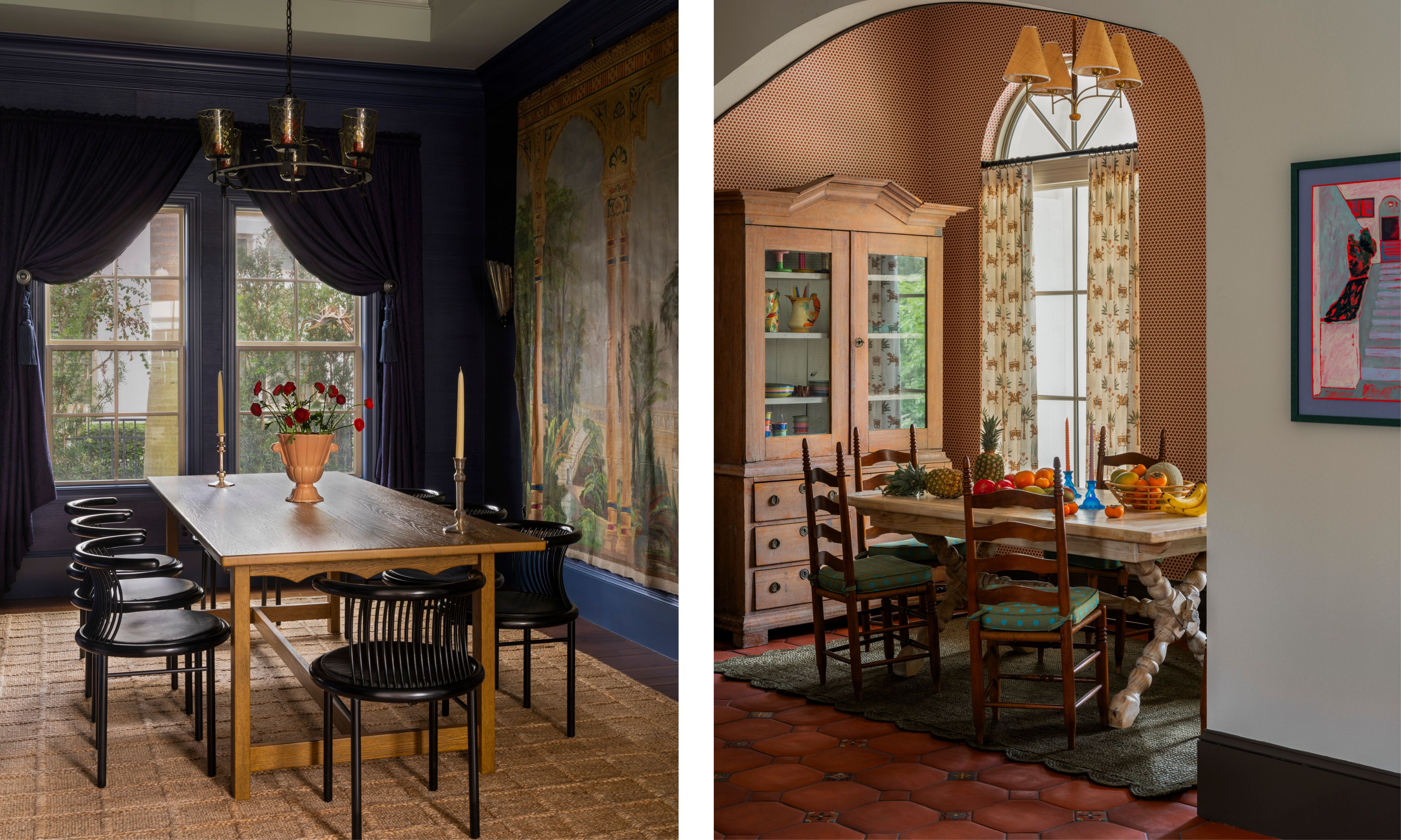 two side by side images of dining spaces in an Orlando home by Studio Day