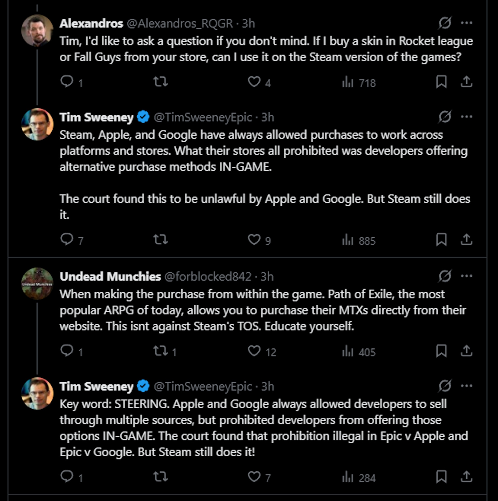 Steam, Apple, and Google have always allowed purchases to work across platforms and stores. What their stores all prohibited was developers offering alternative purchase methods IN-GAME.The court found this to be unlawful by Apple and Google. But Steam still does it.