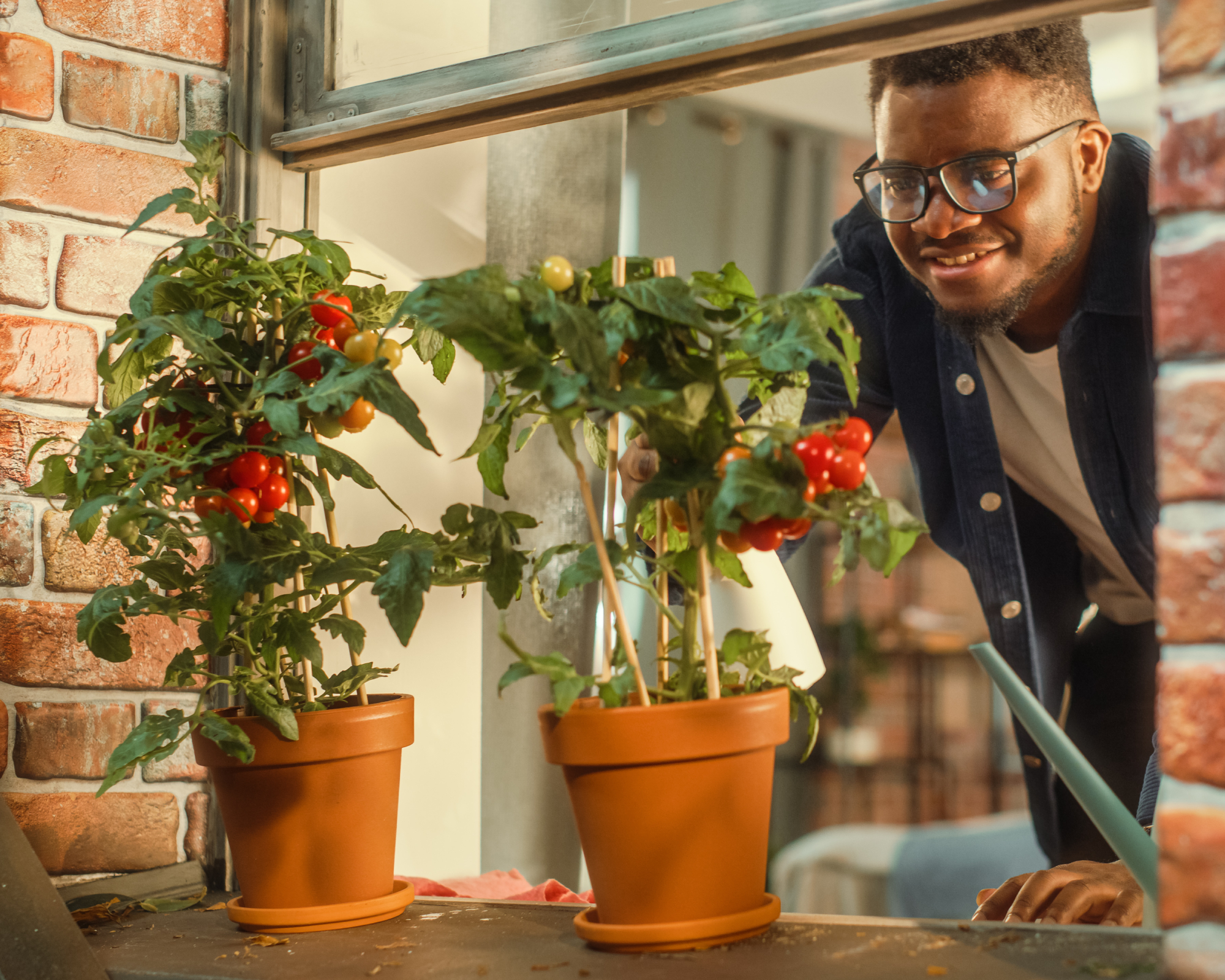 man reaching through window to tend to two tomato plants he's growing on his windowsill