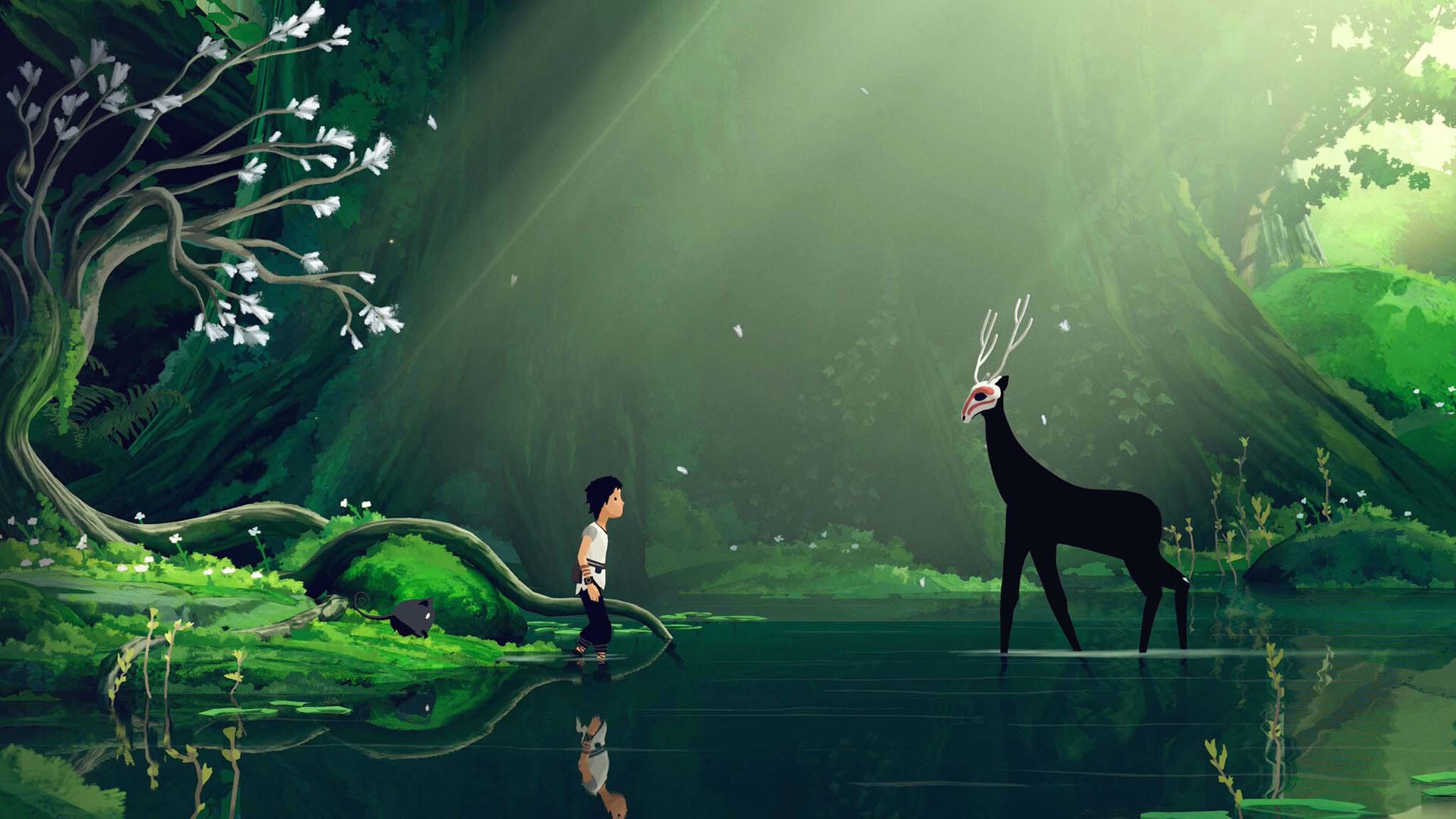 Screenshot from Planet of Lana II with a boy approaching a black deer.