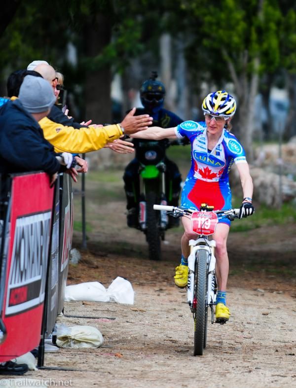 Catherine Pendrel (Luna Pro Team) celebrates her victory with the crowd