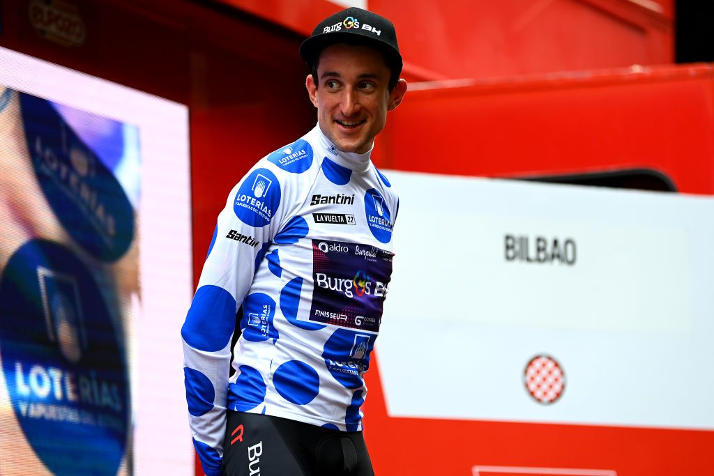 BILBAO SPAIN AUGUST 24 Victor Langellotti of Monaco and Team Burgos BH celebrates winning the Polka dot mountain jersey on the podium ceremony after the 77th Tour of Spain 2022 Stage 5 a 1872km stage from Irn to Bilbao LaVuelta22 WorldTour on August 24 2022 in Bilbao Spain Photo by Tim de WaeleGetty Images