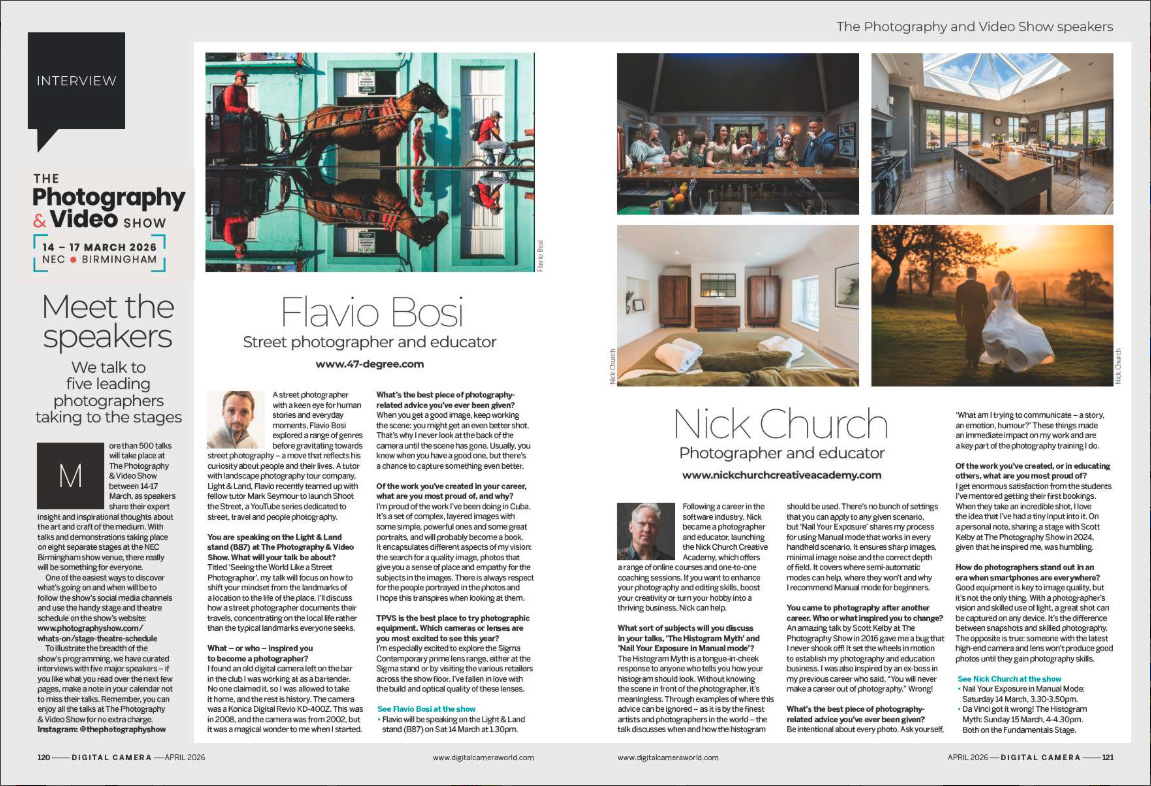 Image showing the first two pages of an interview special in issue 305 (April 2026) of Digital Camera magazine, where five leading speakers at The Photography &amp;amp; Video Show 2026 discuss what to expect in their talks