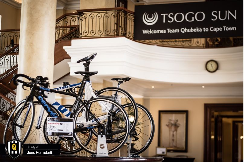The team's Cervelo bikes are on show in the hotel lobby