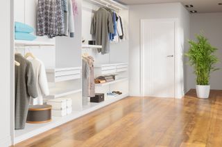 Close-up View Of Closet With Shoes And Hanging Clothes