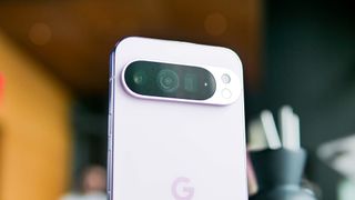 Closeup of Google Pixel 9 Pro cameras.