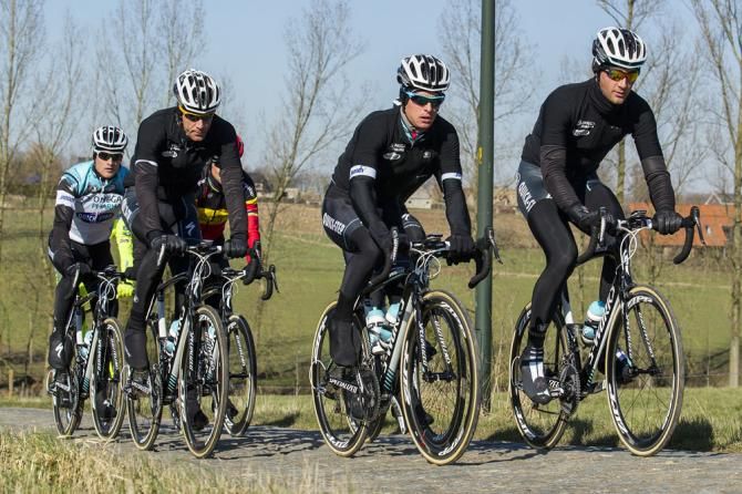 Omega Pharma-Quick Step riders recon the route for Saturday's Omloop Het Nieuwsblad.