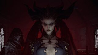 Diablo 4 — a screenshot of Lilith, Diablo 4's lead antagonist, with a pale-faced servant nearby.