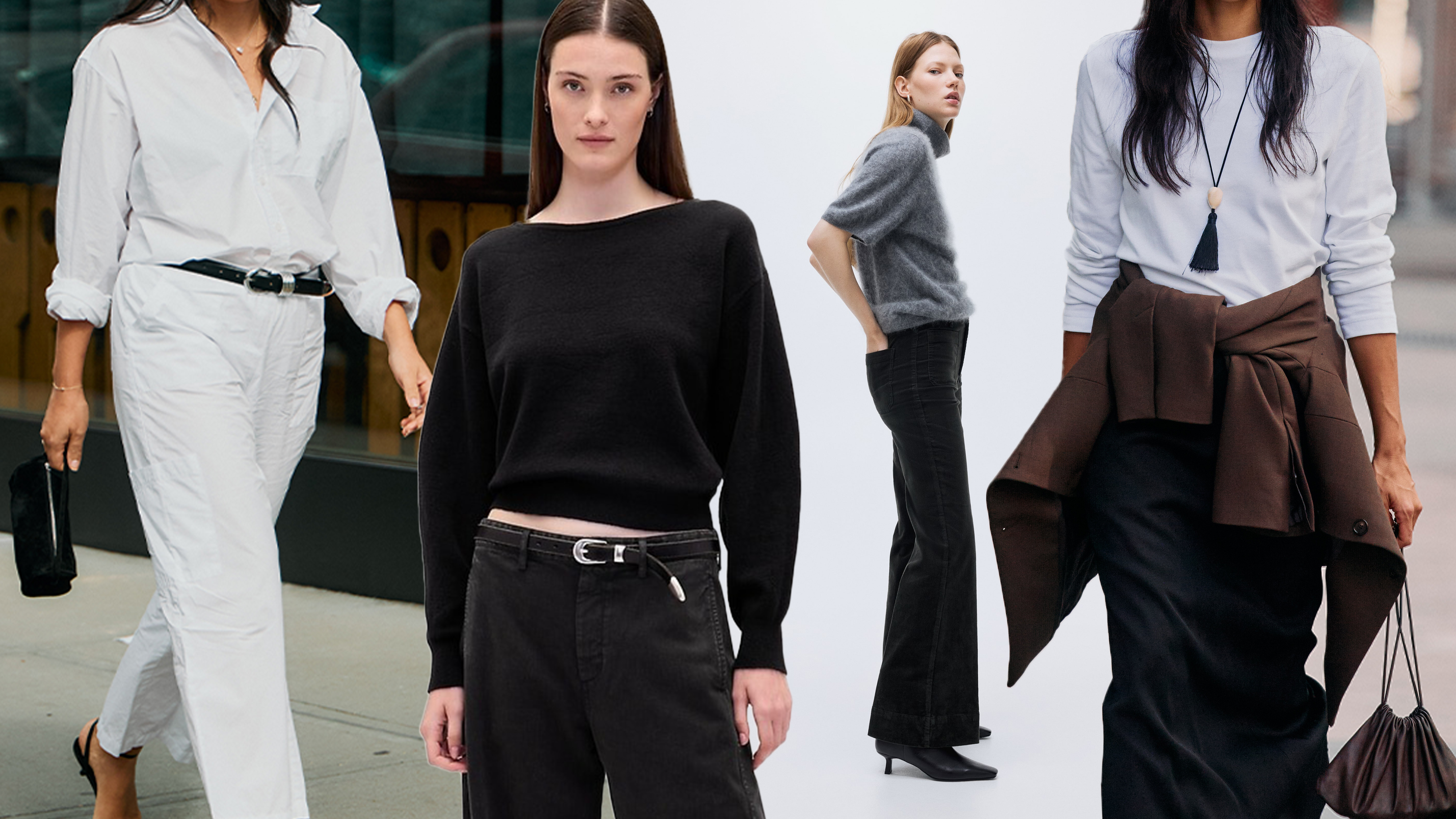 A woman in a white button-down and jeans. Gap sweater. H&amp;M corduroy pants. A woman in a black skirt and a long-sleeved white shirt with a long pendant necklace. 