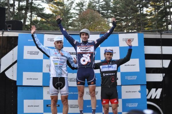 Elite Men's Podium, Left to Right: Adam Myerson (Cycle-Smart), Luke Keough (Champion System p/b Keough Cyclocross), Justin Lindine (BikeReg.com / Joe's Garage / Scott)