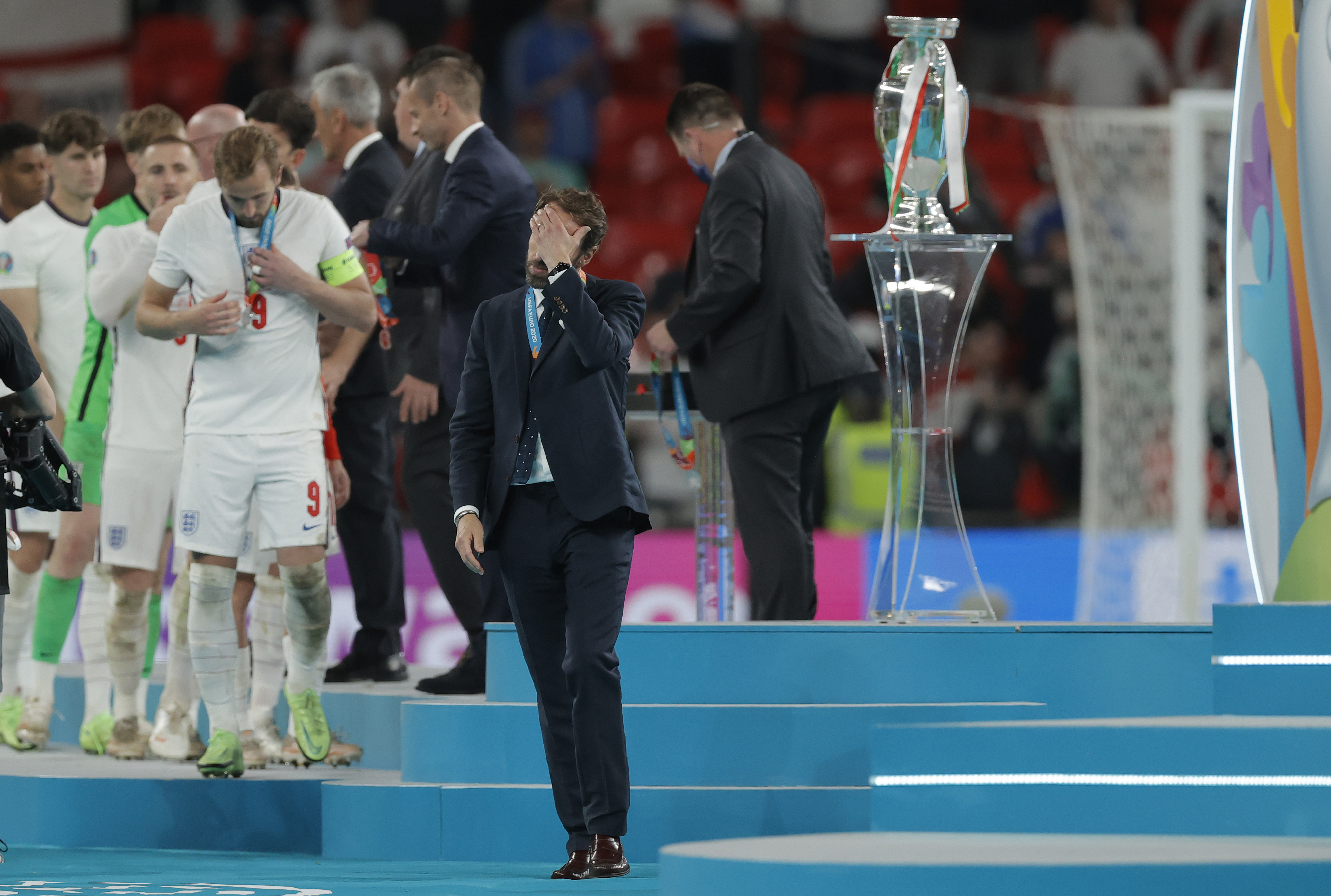 The England team and manager Gareth Southgate after the loss to Italy.