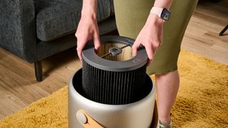 Image shows the filter being lifted out from the inside of the Molekule Air Pro air purifier.