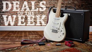Stratocaster leaning against a Boss Katana amp