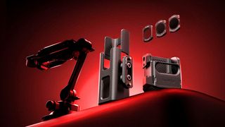 The full lineup of DJI Osmo Pocket 3 x SmallRig cages and filters on a red background