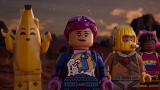 A screenshot from the Lego Fortnite cinematic trailer showing four characters.
