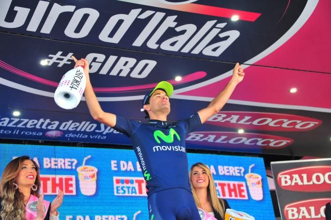 Benat Intxausti (Movistar) celebrates his victory on the podium