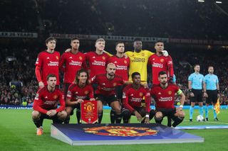 Manchester United players line up for a group photo during the UEFA Champions League match between Manchester United and Galatasaray at Old Trafford on October 03, 2023 in Manchester, England. (Photo by James Gill - Danehouse/Getty Images