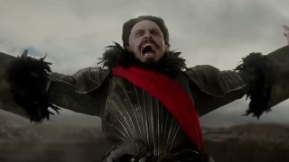 Hugh Jackman screams with enthusiasm in costume in Pan.