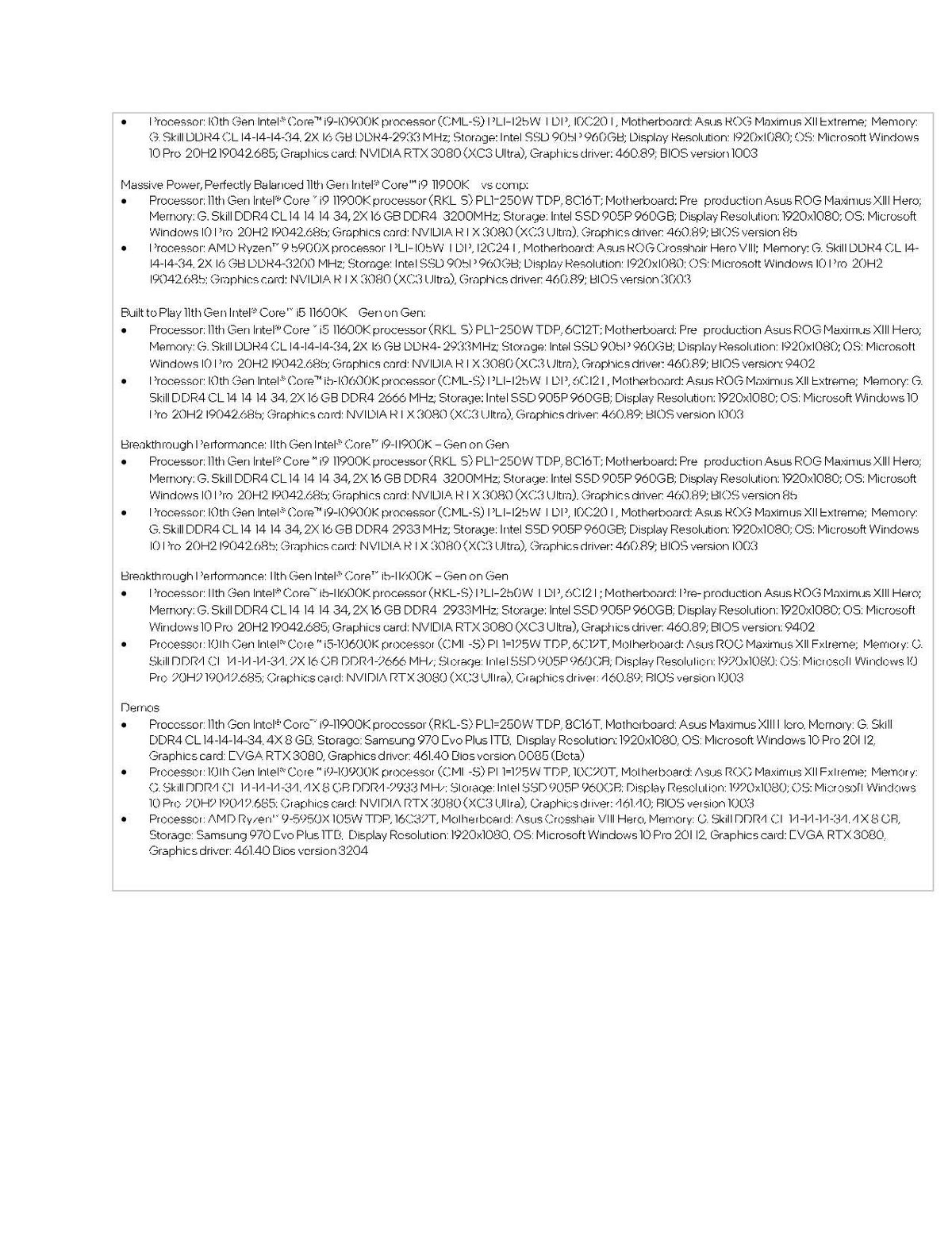 Intel Rocket Lake Benchmark Footnotes