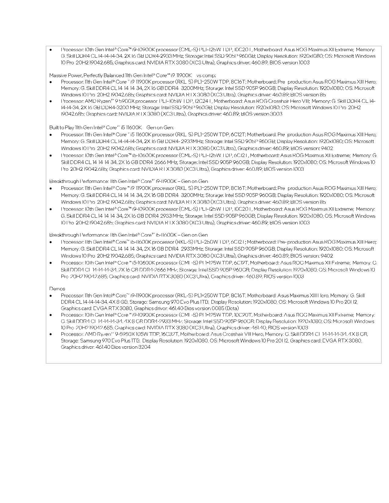 Intel Rocket Lake Benchmark Footnotes