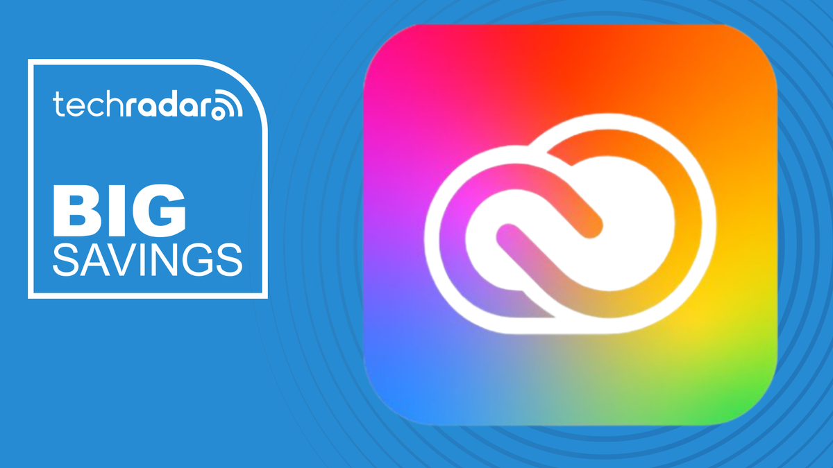 Adobe Creative Cloud logo next to a TechRadar text block that reads &#039;Big Savings&#039;.