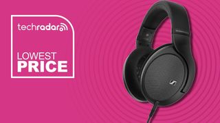 The Sennheiser HD 550 headphones on a pink background with white lowest price text