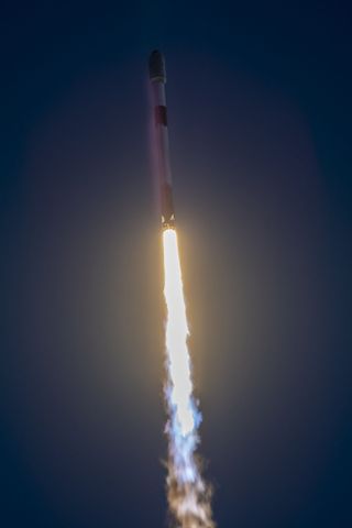 A close-up shot of CSG-2's Falcon 9 rising through the Florida skies.