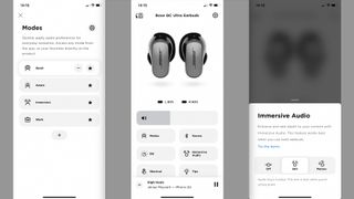 Bose QuietComfort Ultra Earbuds app three screens, showing the Immersive Audio and Modes