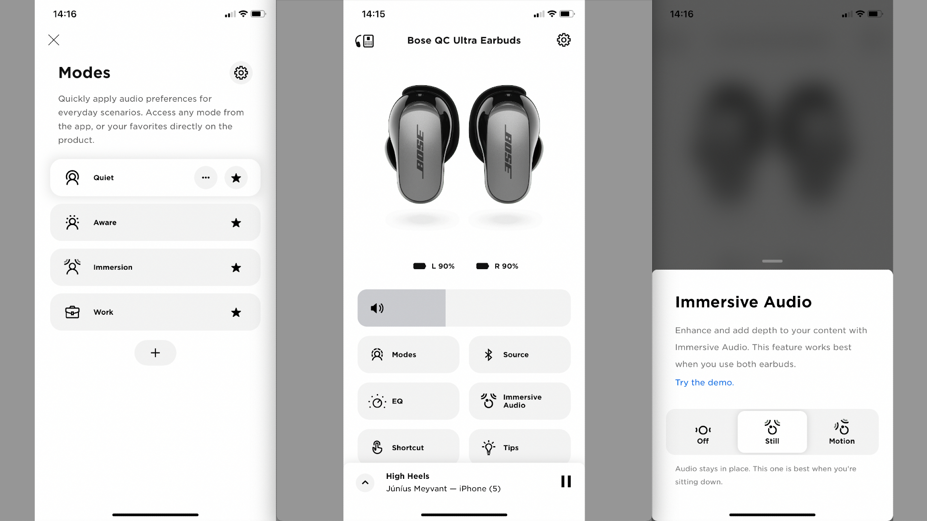 Bose QuietComfort Ultra Earbuds app three screens, showing the Immersive Audio and Modes