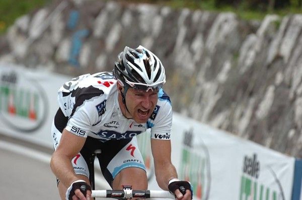 Jens Voigt suffers like a three-legged dog up the final climb on stage four.