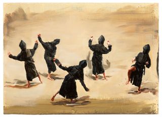 The painting of five figures dressed in black robes and black hoods drawn over their heads are dancing in a ritualistic way. We can't see their faces.