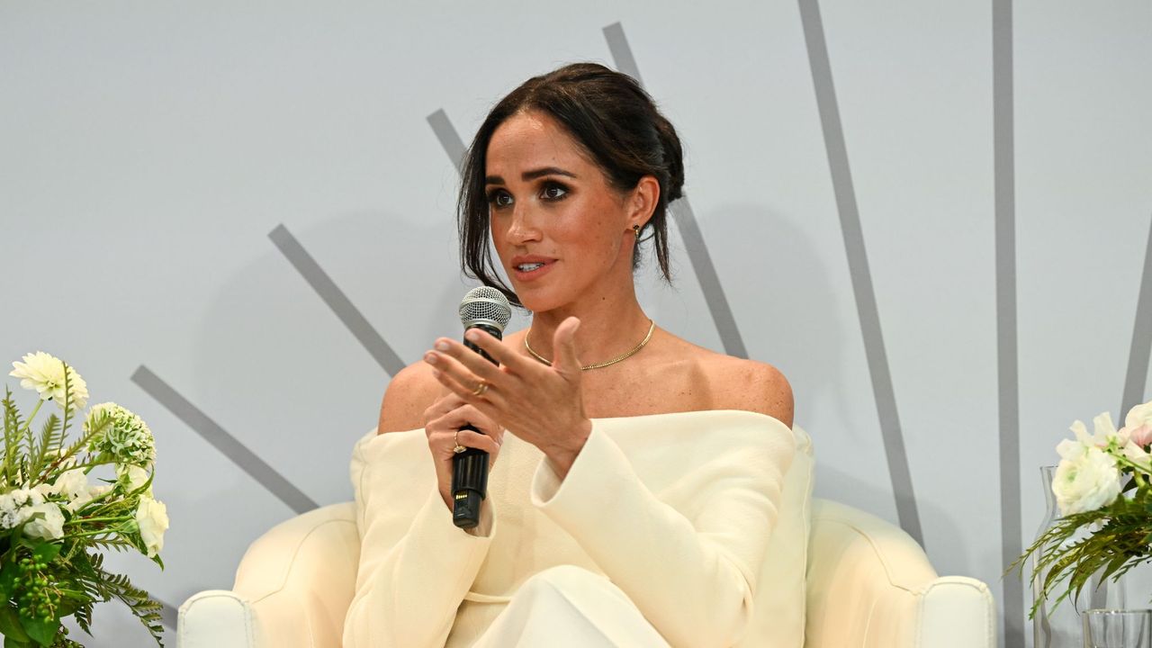 Meghan Markle speaking onstage at the Archewell Foundation Parents&#039; Summit in 2023