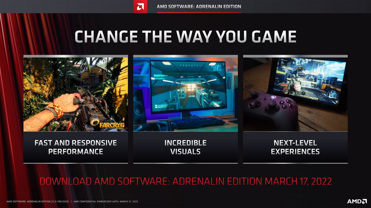 Slide deck for AMD Software Adrenalin Edition 22.3.1 with RSR and FSR 2.0